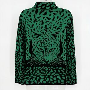 Vintage San Remo By Laura Knits Cardigan Emerald Leopard Print Full Zip Jacket